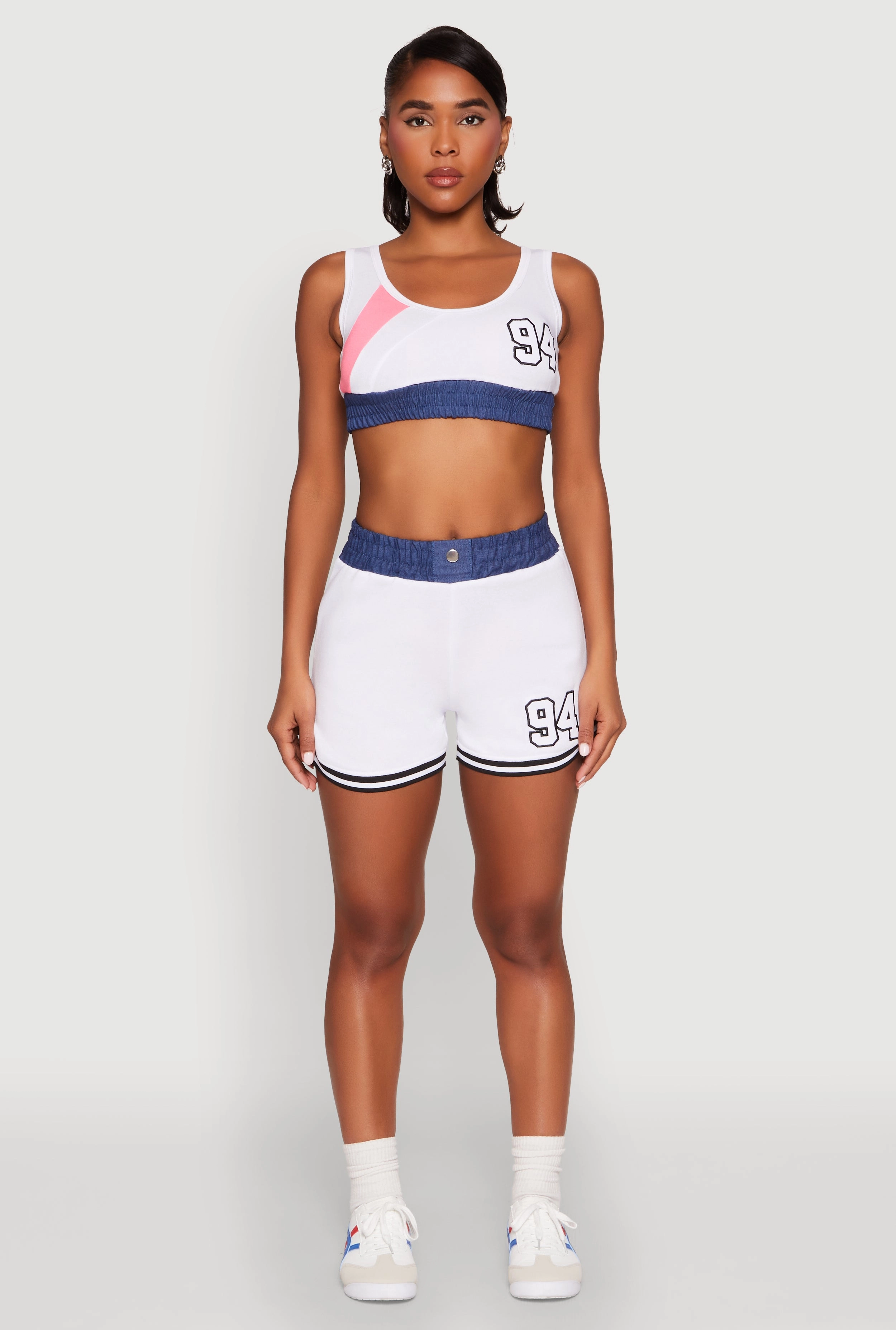 94 Graphic Denim Trim Crop Top