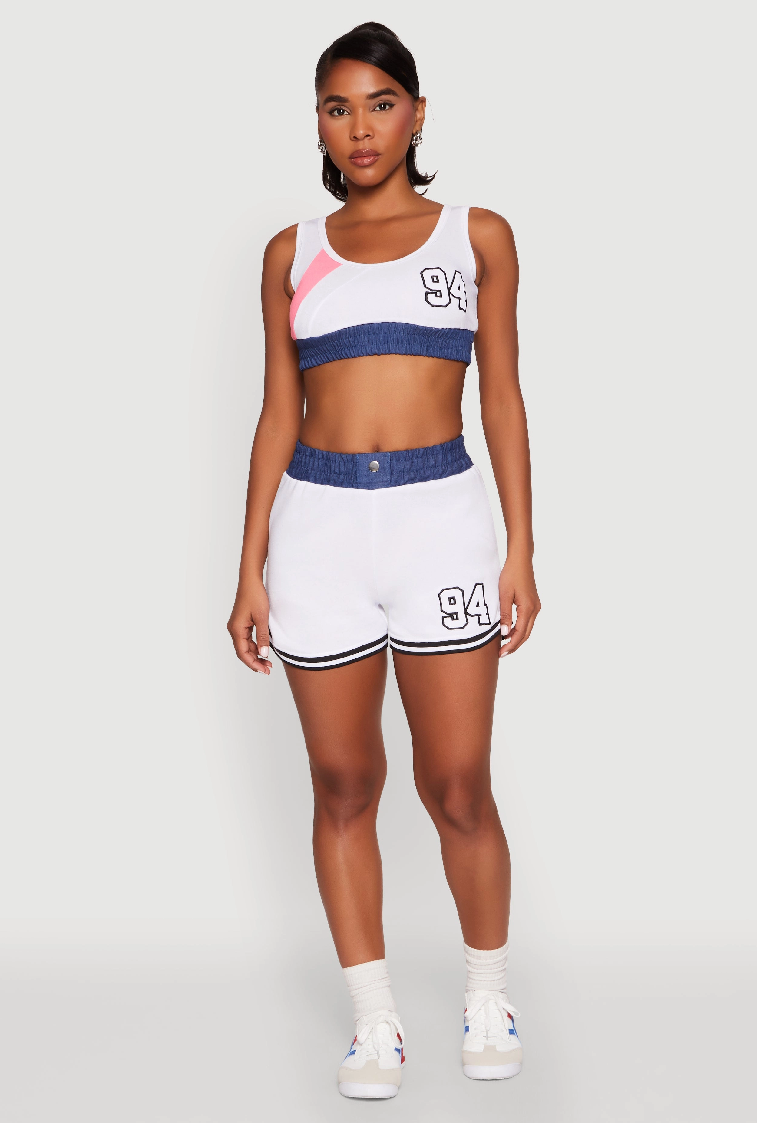 94 Graphic Denim Trim Crop Top