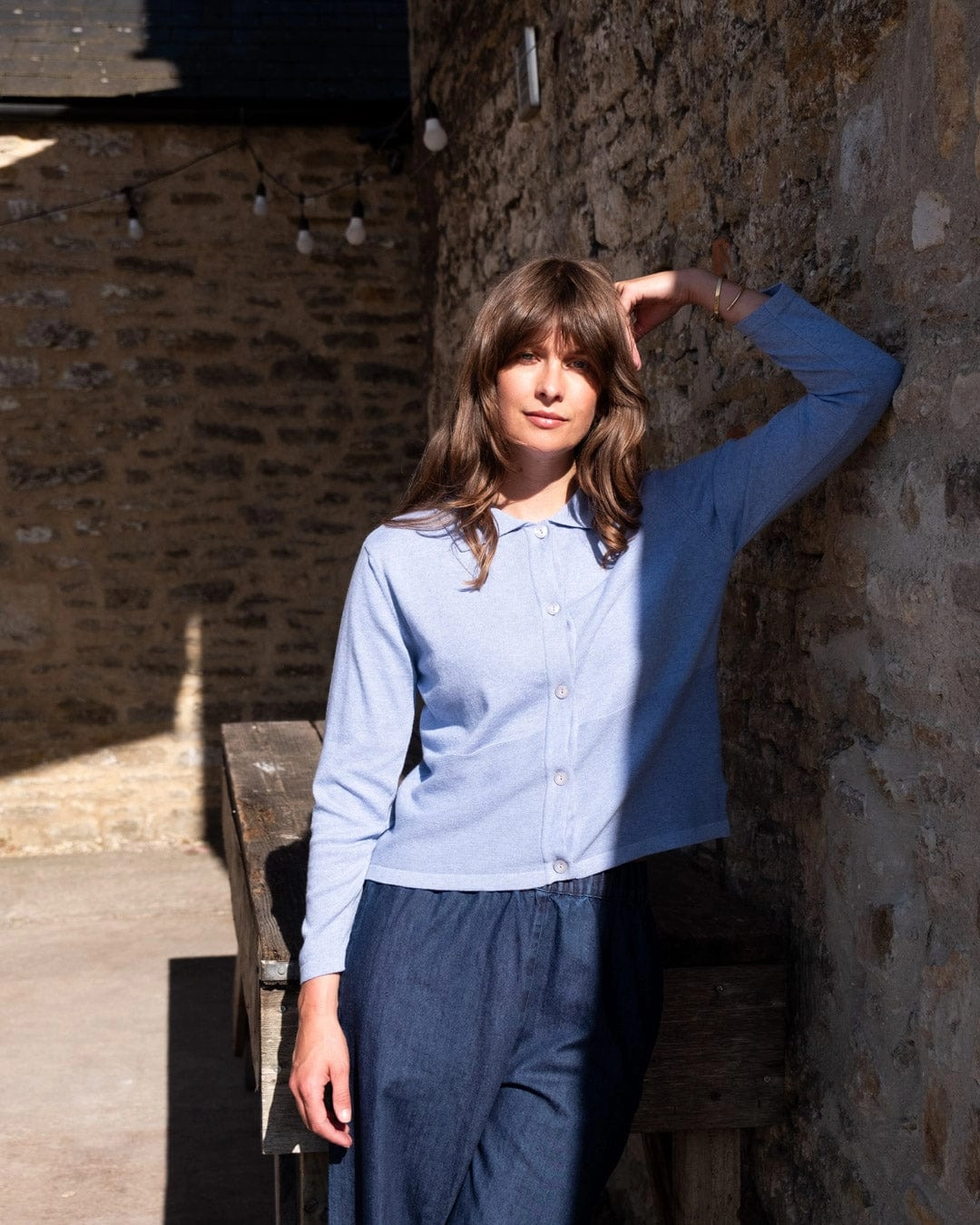 Alba Women's Organic Cotton Polo Neck Cardigan | Blue