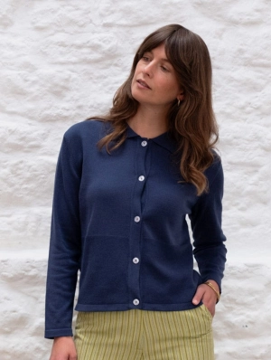 Alba Women's Organic Cotton Polo Neck Cardigan | Deep Indigo