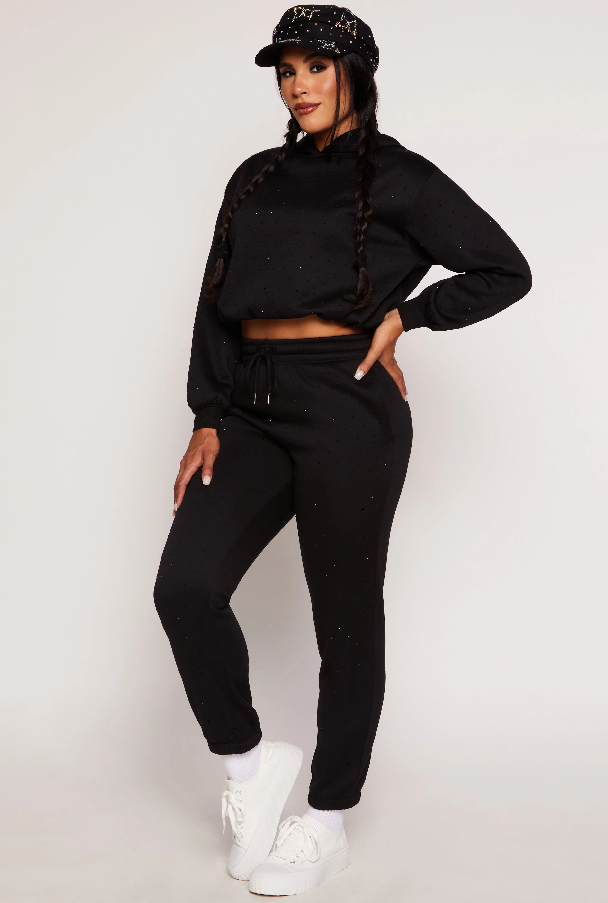 Almost Famous Rhinestone Bubble Hem Hoodie