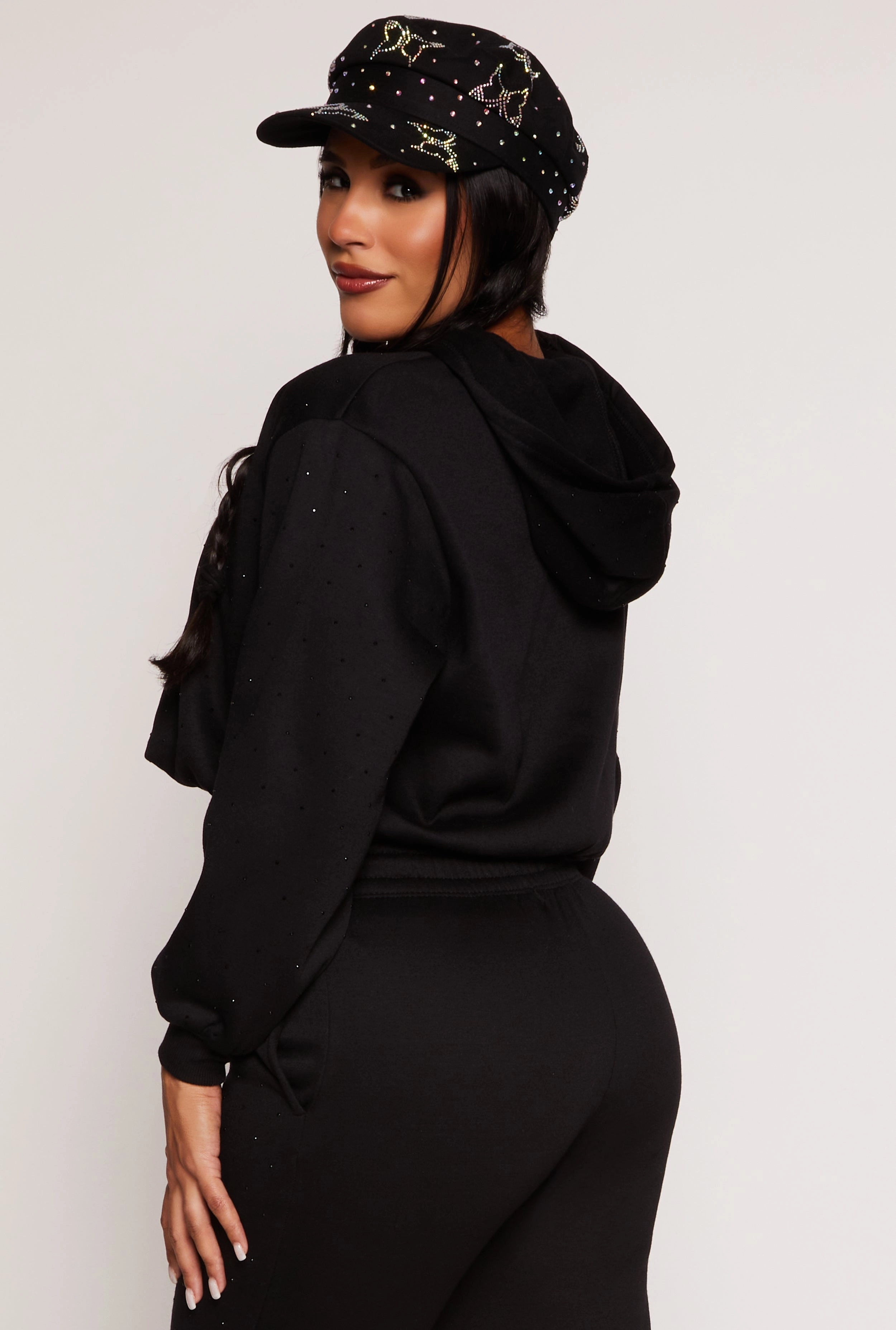 Almost Famous Rhinestone Bubble Hem Hoodie