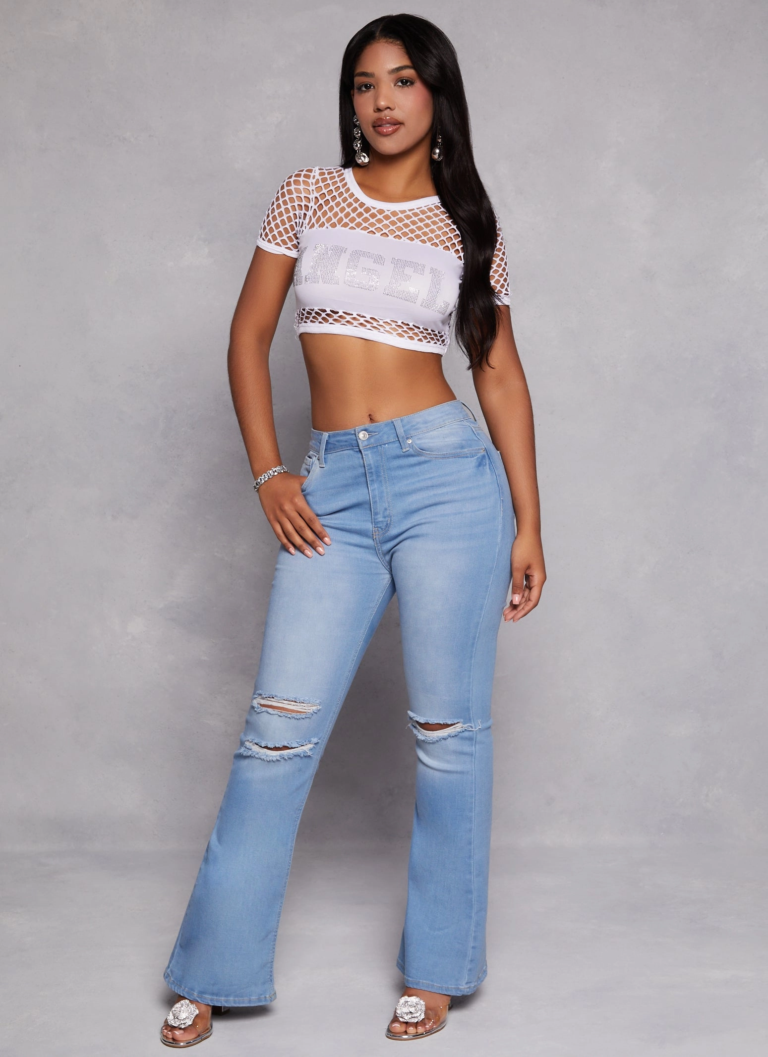 Angel Rhinestone Fishnet Crop Top