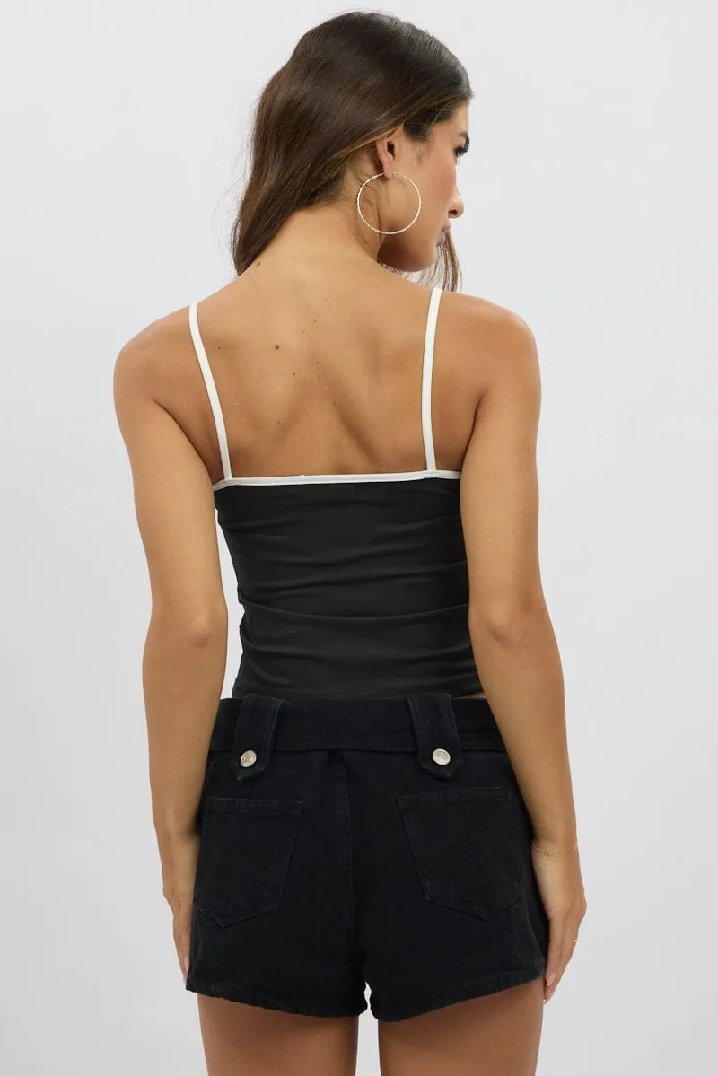 Black Singlet Top Contrast Piping