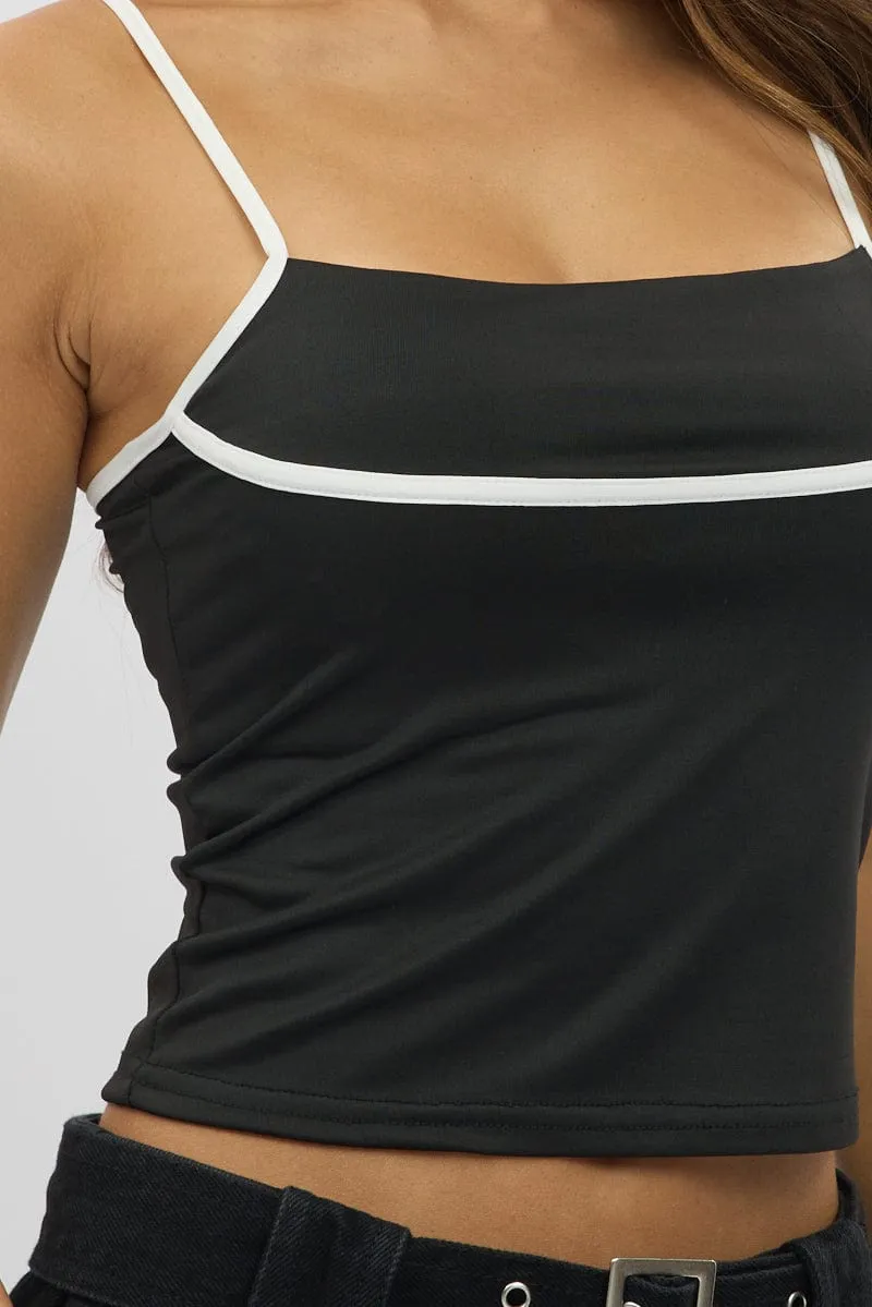 Black Singlet Top Contrast Piping
