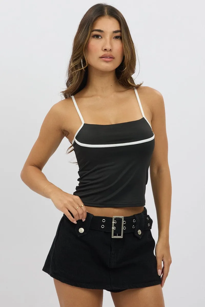 Black Singlet Top Contrast Piping
