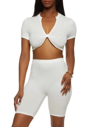 Bow Short Sleeve Crop Top and Biker Shorts