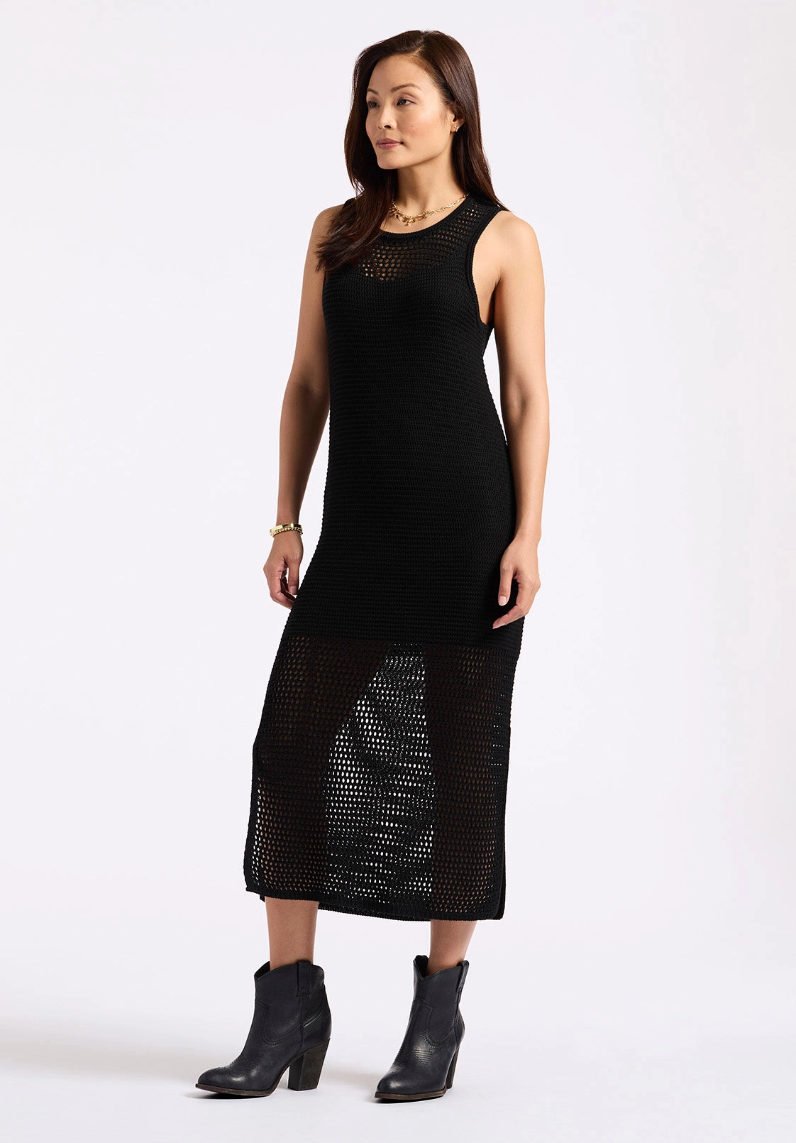 Bronwen Women's Sleeveless Open-Knit Midi Dress, Black - SD0009P