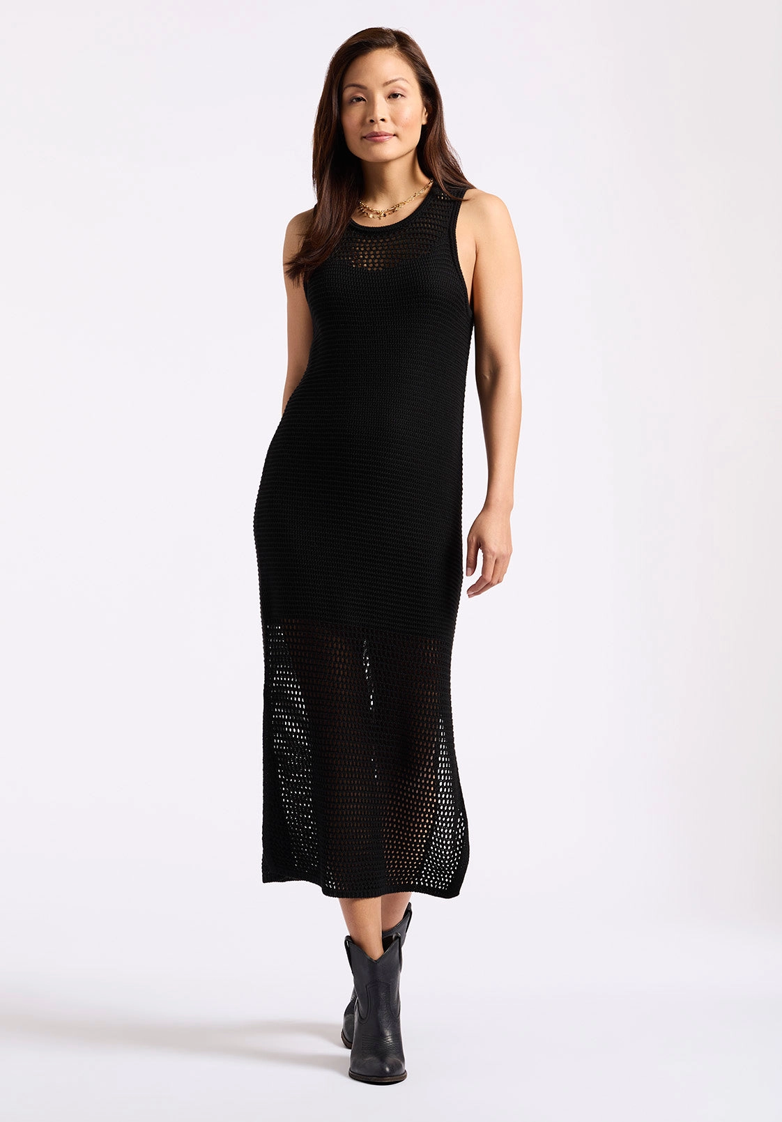 Bronwen Women's Sleeveless Open-Knit Midi Dress, Black - SD0009P