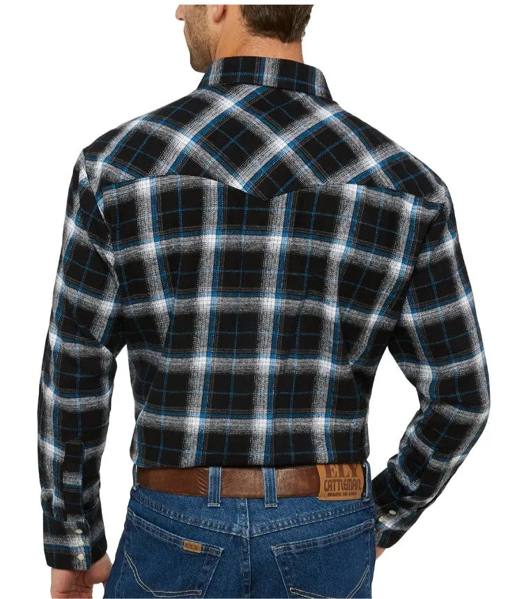 Men's Ely Cattleman Long Sleeve Flannel Plaid Western Snap Shirt 15201026-99 Black