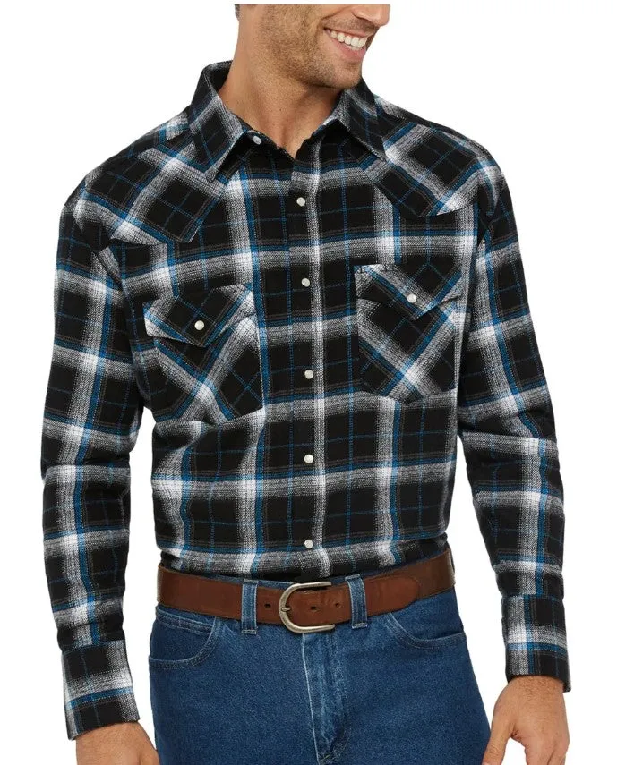 Men's Ely Cattleman Long Sleeve Flannel Plaid Western Snap Shirt 15201026-99 Black
