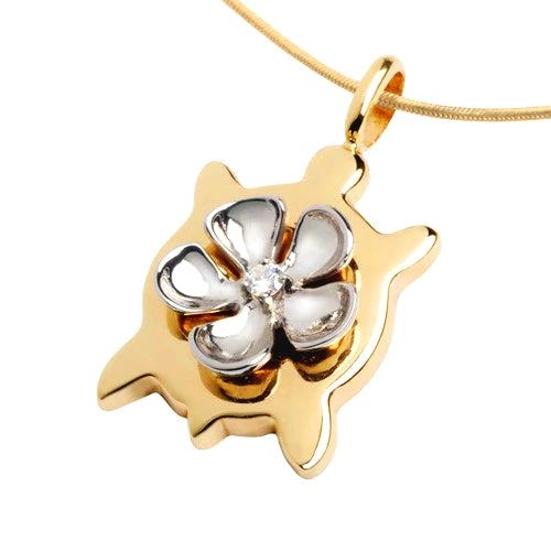 Yellow 14K Gold Plumeria Honu Pendant with White 14k Gold Plumeria with Diamond